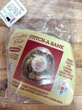 RARE Crafters Pride Stitch-A-Bank Kit With 14-Count Vinyl-Weave Acrylic Bank